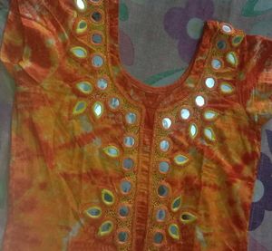 Orange Embroidered Mirror Work Kurti
