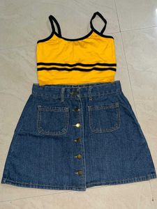 Cute Yellow Top &amp; Denim Skirt Set