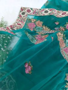 Floral-Paisley Embroidered Teal Green Net Saree