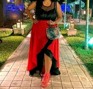 Red & Black Asymmetrical Maxi Dress