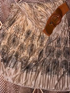 Long Brown Synthetic Chiffon Skirt With Belt