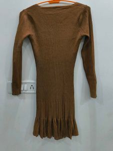 Brown Woolen Knit Dress with Ruffled Hem