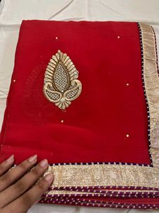 new red patched saree
