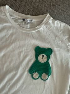 White Tee with Green Crochet Bear
