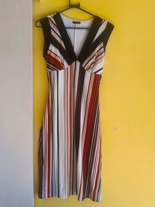 Multi-Color Striped Print V Neck Midi Dress