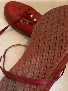 Maroon Velvet With Pearl Design Shoes