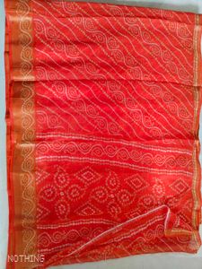 Floral Print Bandhani Cotton Blend Saree(Orange)