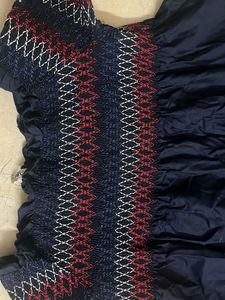 Off shoulder navy Embroidered Smocked Top