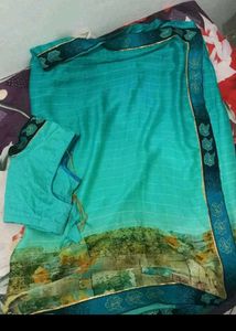 Floral Print Light Blue Saree