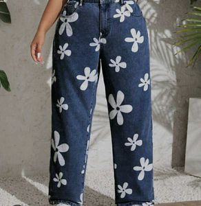 Navy Blue Flower Printed Denim Jeans