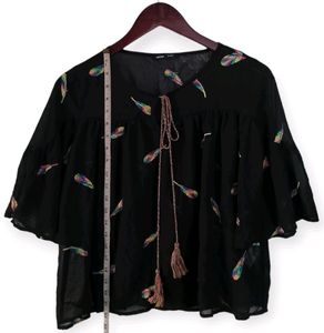 HSTYLE Black Feather Design Tie-Neck Dress Women