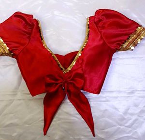 Satin Bow Style Back Hook Puff Sleeve Blouse