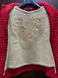 Red &amp; Beige Knitted Cardigan Set