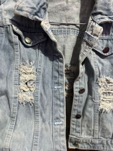 Distressed Dark Blue Crop Denim Jacket