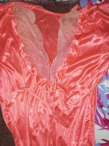 Coral Satin Robe with Lace Detail