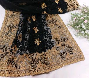 Black & Gold Zari Work Embroidered Net Saree
