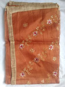 Brown Net Saree With Embroidery