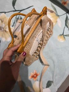 Woven Handbag with Wooden Handles