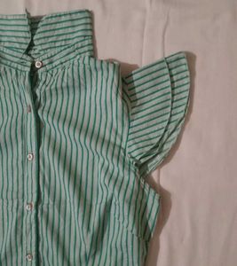 Stylish Green Striped Ruffle Sleeve Top