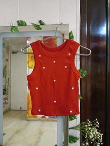 Red Ribbed Heart Print Crop Top