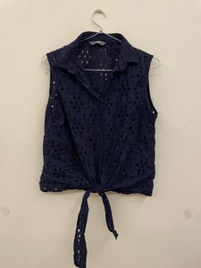 Navy Eyelet Tie-FrontSleeveless Shirt