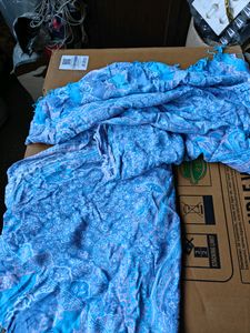 Blue Patterned Scarf with Fringe