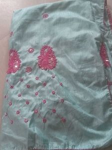 Blue Saree With Pink Embroritory