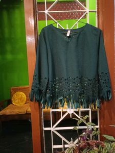 Green Fringe Detail Long Sleeve Top