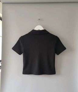 Black Ribbed Button-Up Top