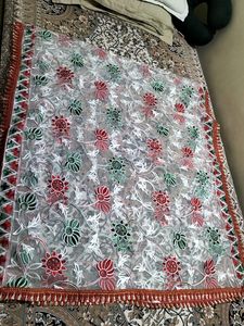 Beautiful White Net Dupatta With Embroidery