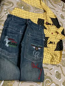 Yellow Plaid Button-Down Shirt And Jeans