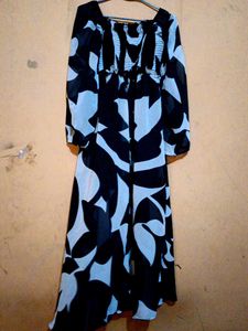 B&W Abstract Smocked Bodice Maxi Dress