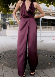 ZARA Halterneck Satin Jumpsuit - Brinjal Color