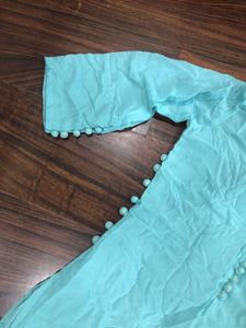 Stylish Blue Kurta Pant Dupatta with Pom-Poms