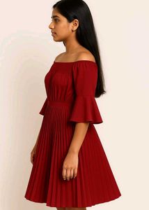 Red Off-Shoulder Pleated Dress