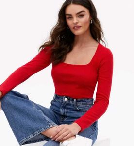 Square Neck Full Sleeve Casual Ribbed Top