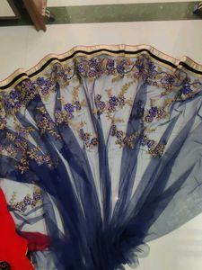 Embroidered Navy Blue And Red Net Saree 💙❤️
