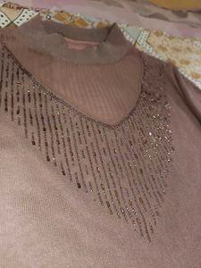 Dusty Mauve Rhinestone Embellished Mesh Knit Top ✨
