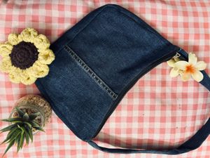 Denim Shoulder Bag with Flowers