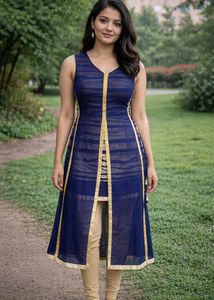 Blue & Gold Sleeveless Ethnic Dress