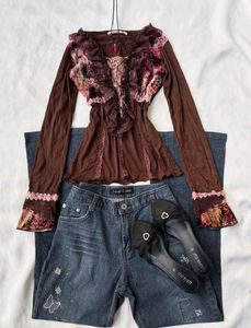 Vintage Brown Ruffled Top