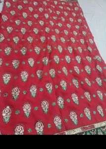Red Embroidered Sari Fabric