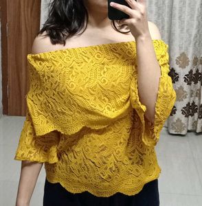Mustard Off-shoulder Lace Top