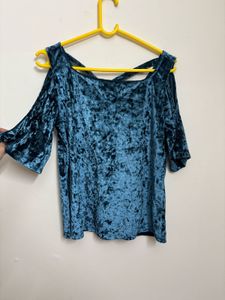 Latin Quarter- Teal Velvet Cold Shoulder Top