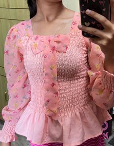 Korean Cute Floral Puff Sleeve Top