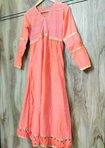 Coral Colour Cotton Long Designer Kurti Size-34