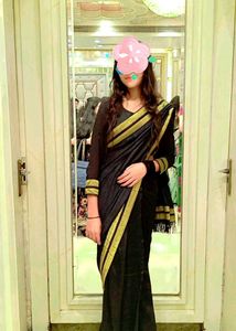Gorgeous Black Saree With Golden Border(Pleated)