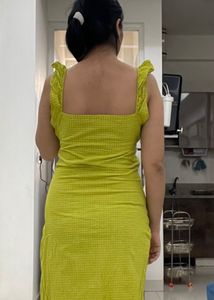 Lime Green Checkered Slit sleeveless Midi Dress