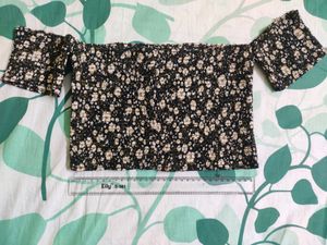 Off Shoulder Floral Black Crop Top