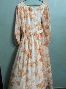 White &amp; Orange Floral Maxi Dress with Belt